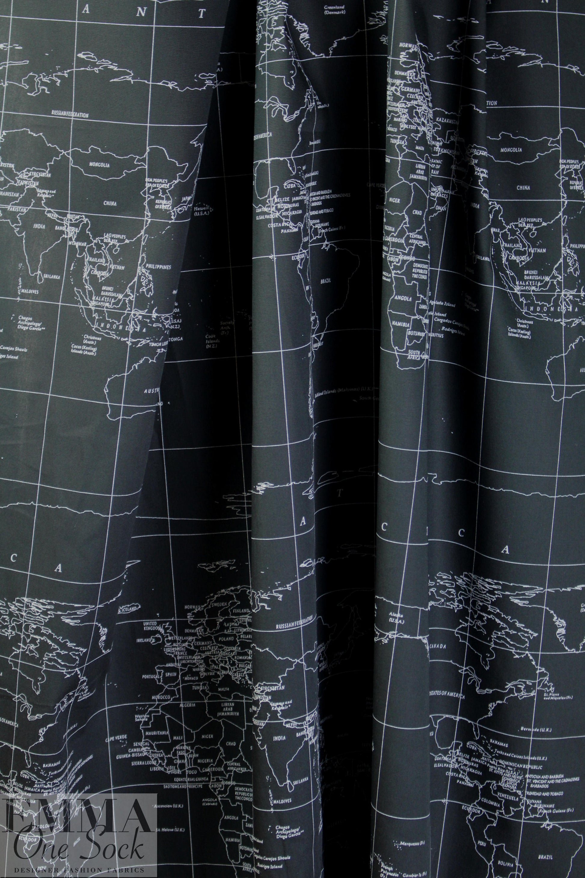 NY designer black/white world map cotton poplin