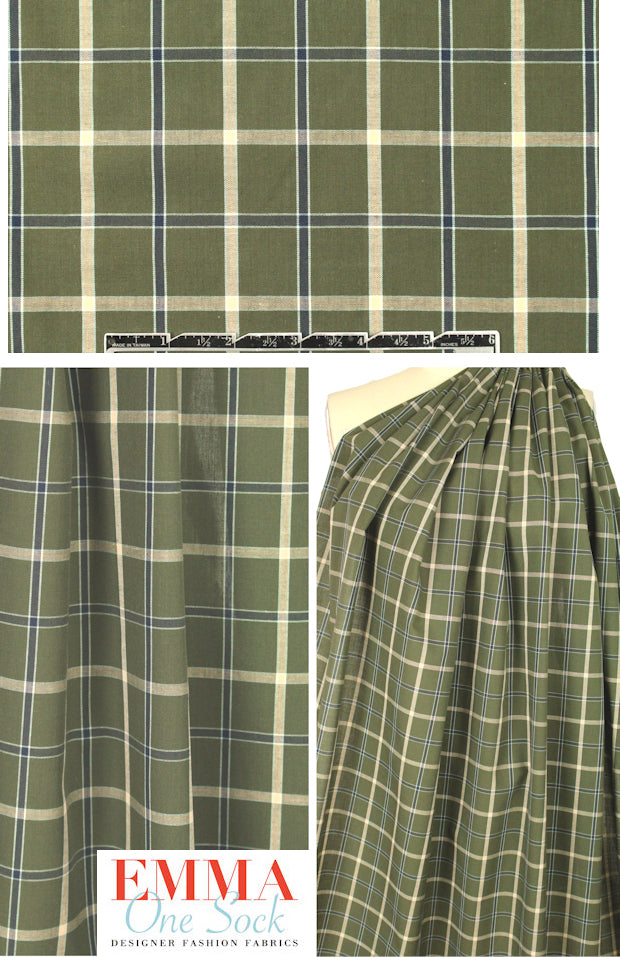 Steven A1an yarn-dye plaid cotton shirting - loden/beige 2.375 yds