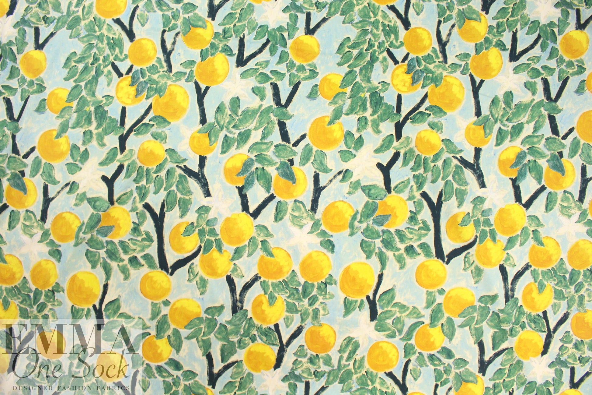 NY designer painted lemons stretch cotton shirting