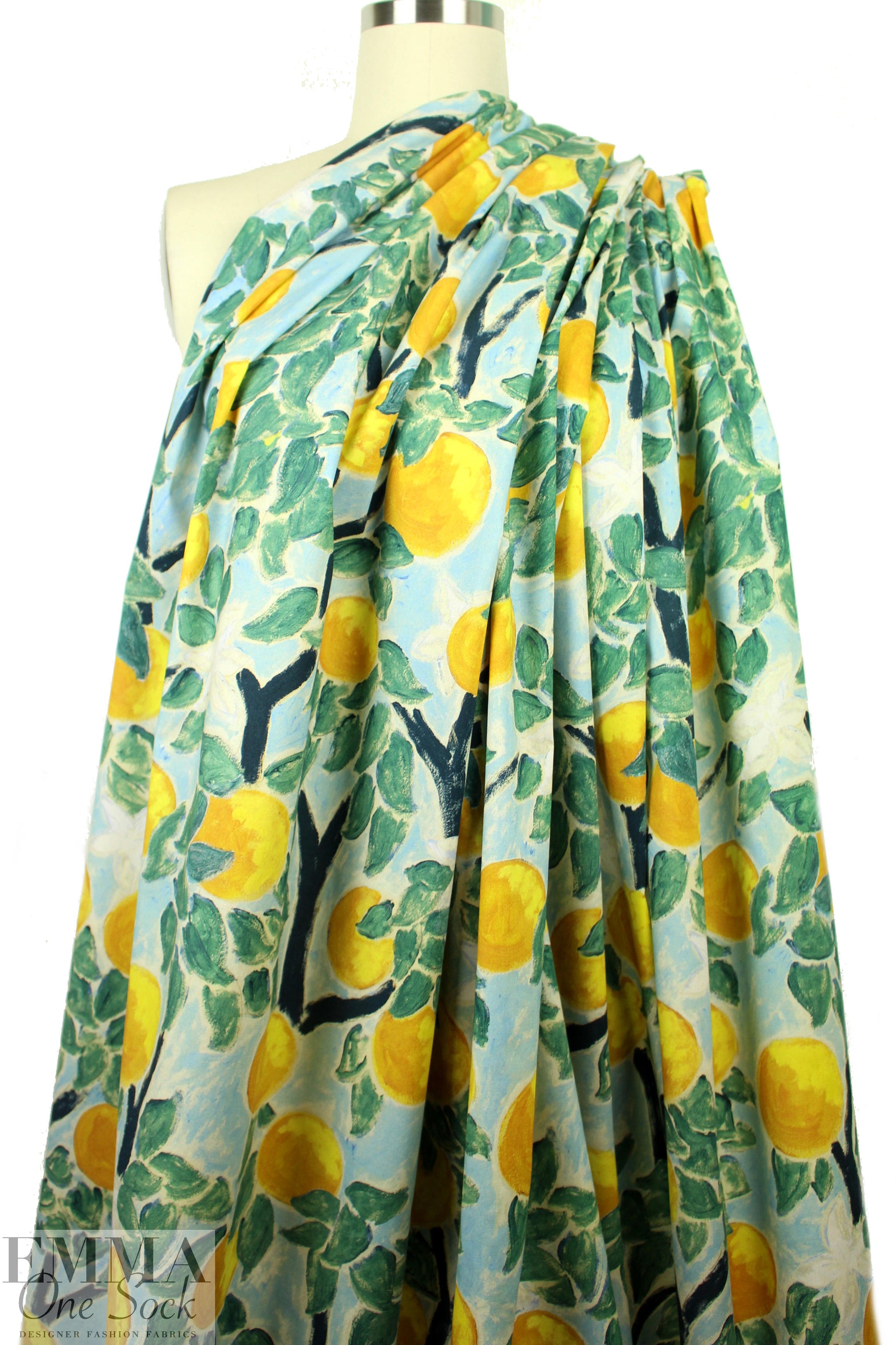 NY designer painted lemons stretch cotton shirting 1 yard Minor Flaw