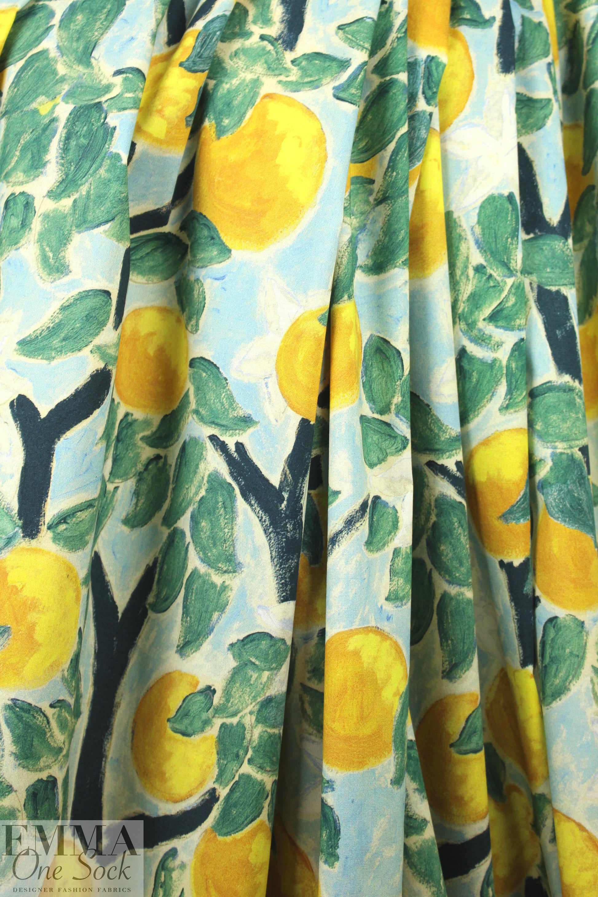 NY designer painted lemons stretch cotton shirting