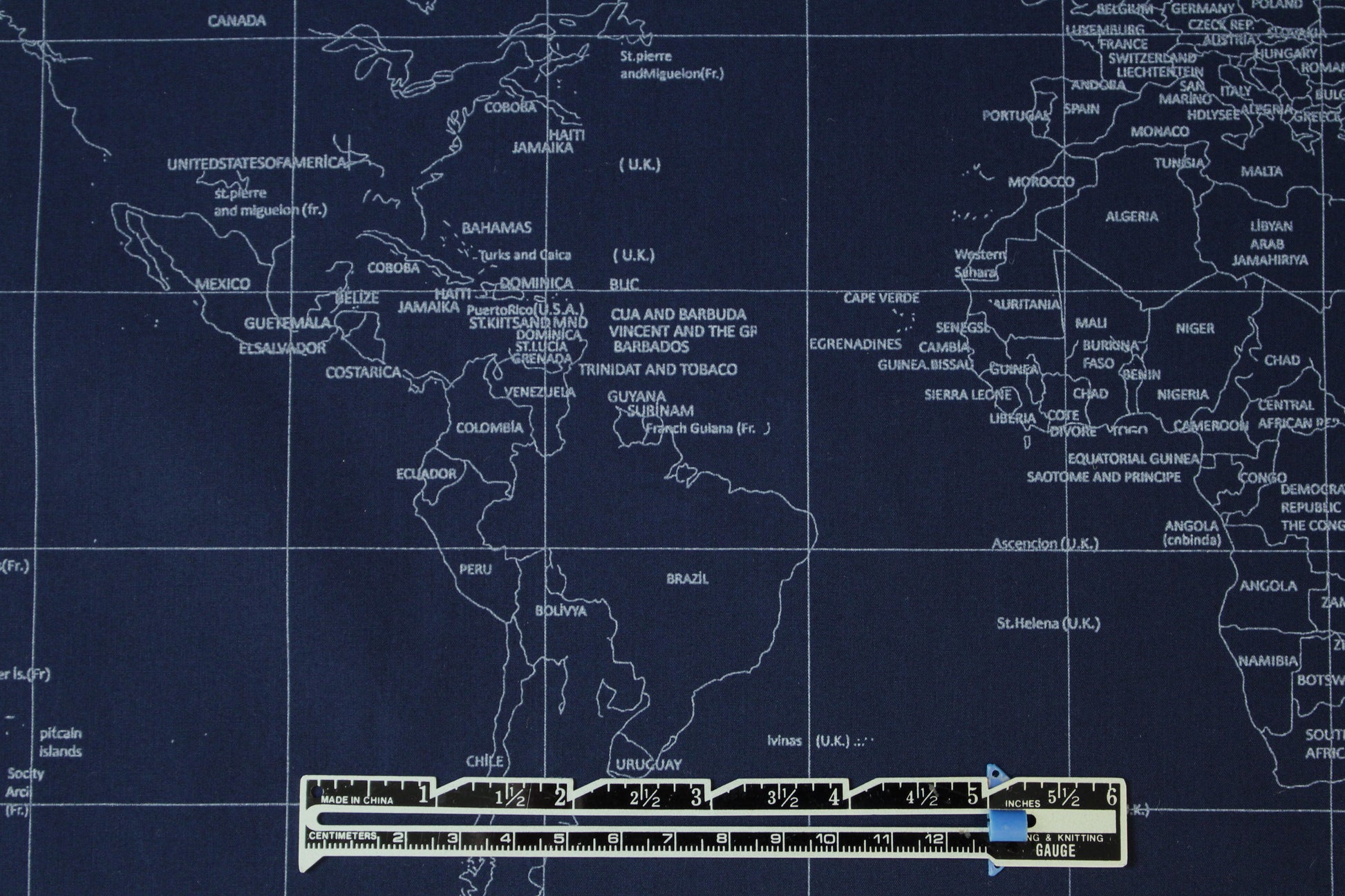 NY designer navy/silver world map cotton shirting