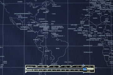 NY designer navy/silver world map cotton shirting