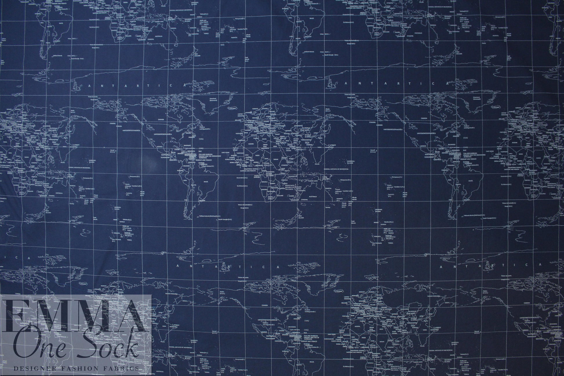 NY designer navy/silver world map cotton shirting