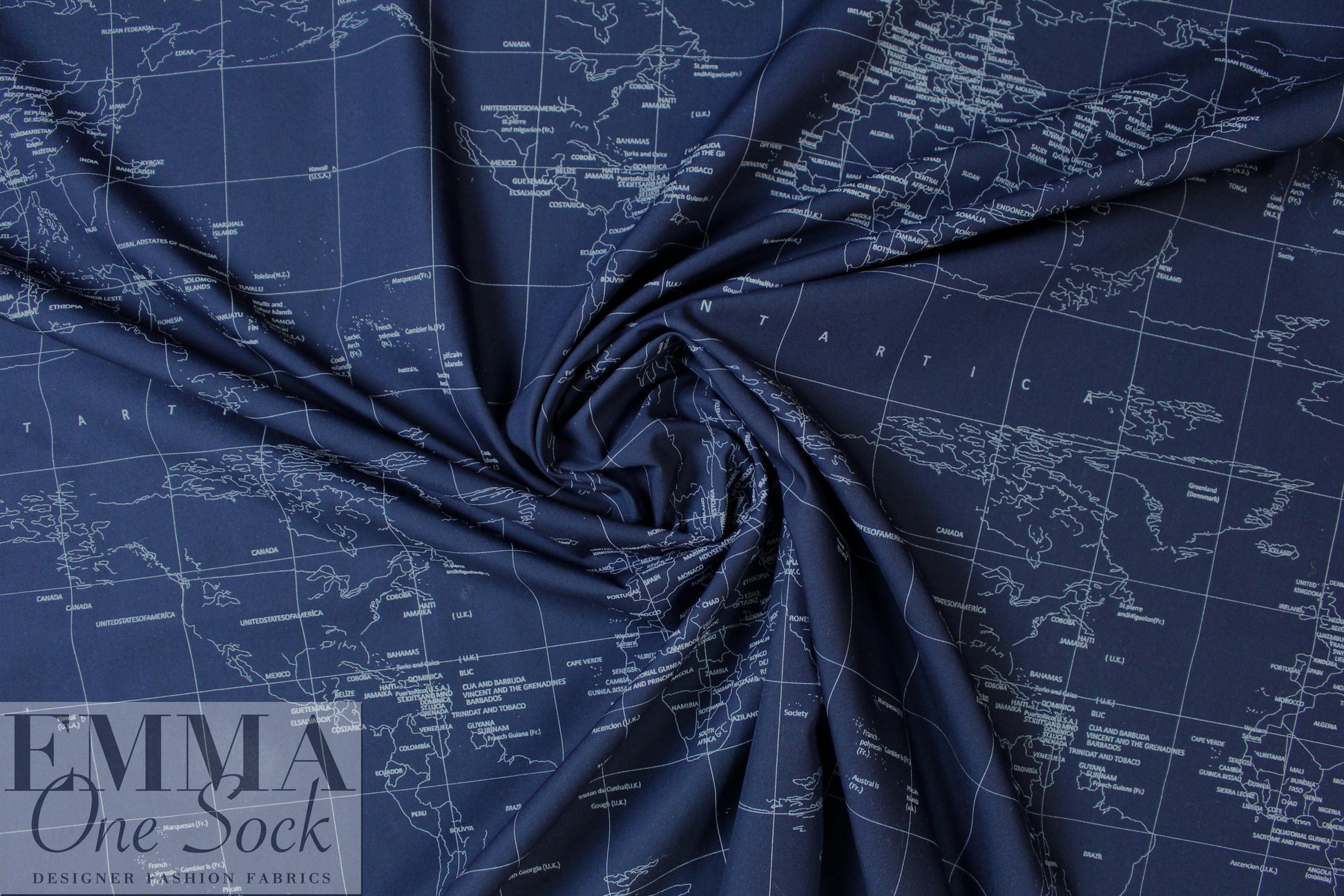 NY designer navy/silver world map cotton shirting