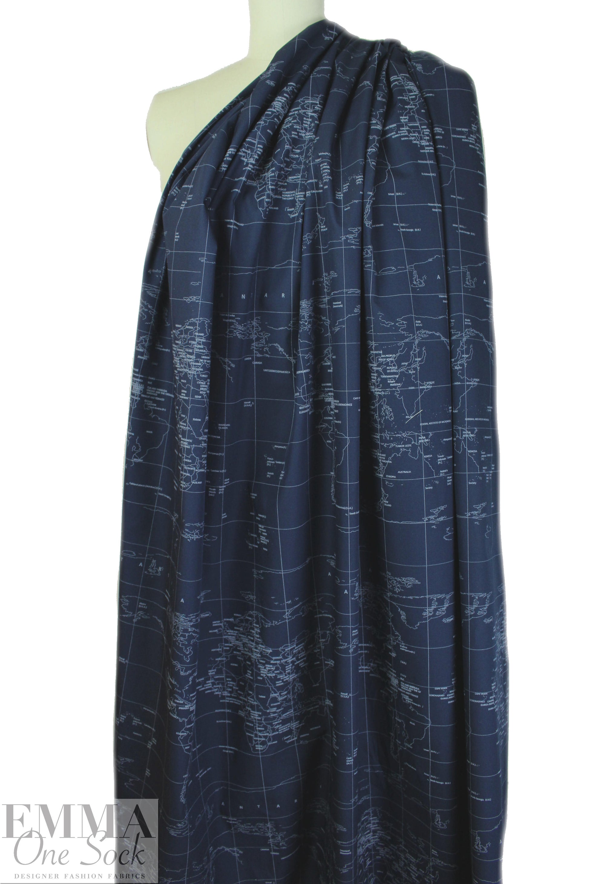 NY designer navy/silver world map cotton shirting