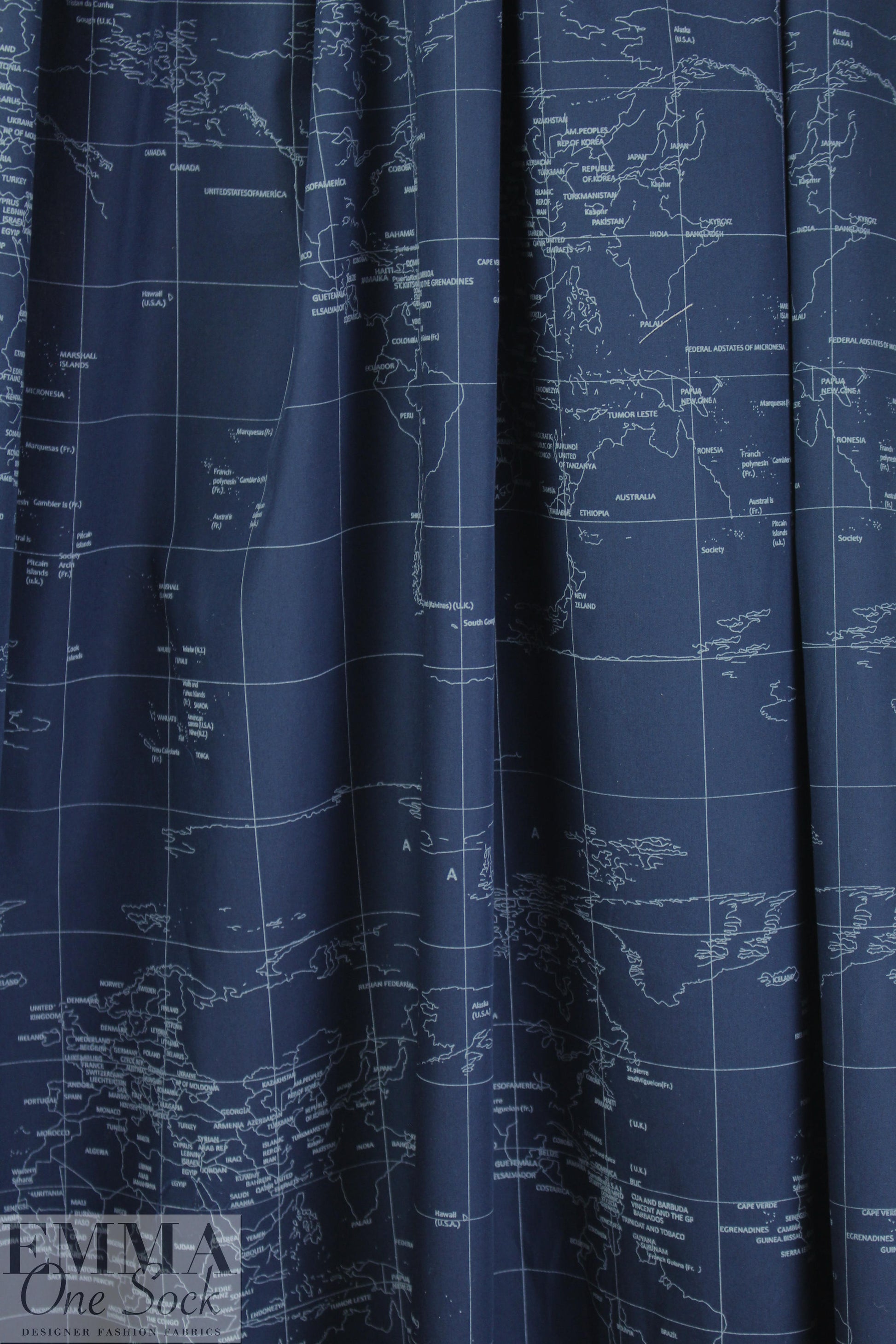 NY designer navy/silver world map cotton shirting