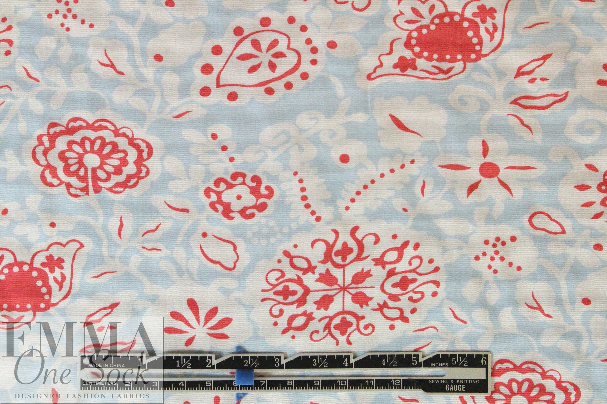 NY designer deco floral cotton poplin - blue/watermelon .75 yds