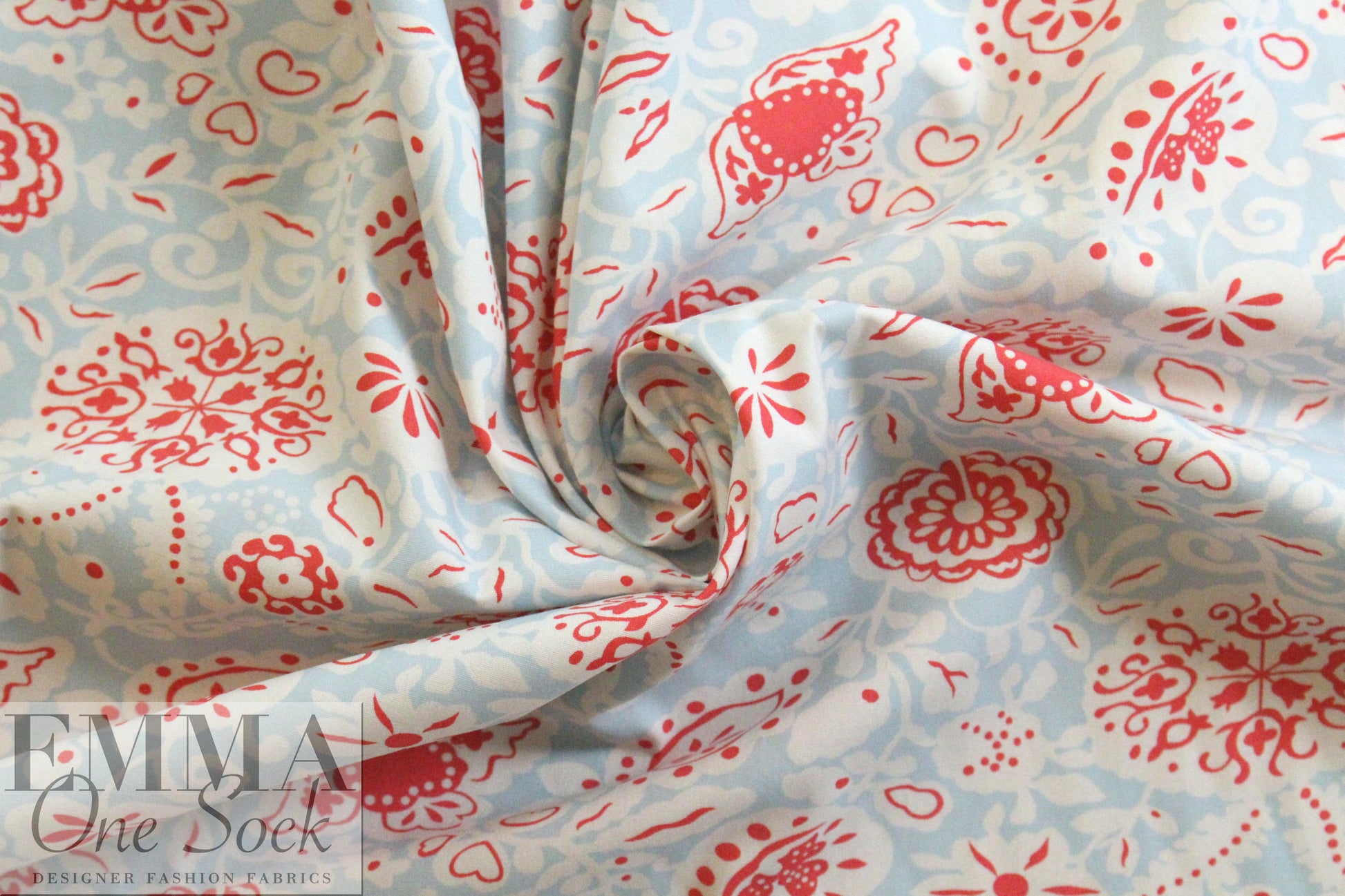 NY designer deco floral cotton poplin - blue/watermelon