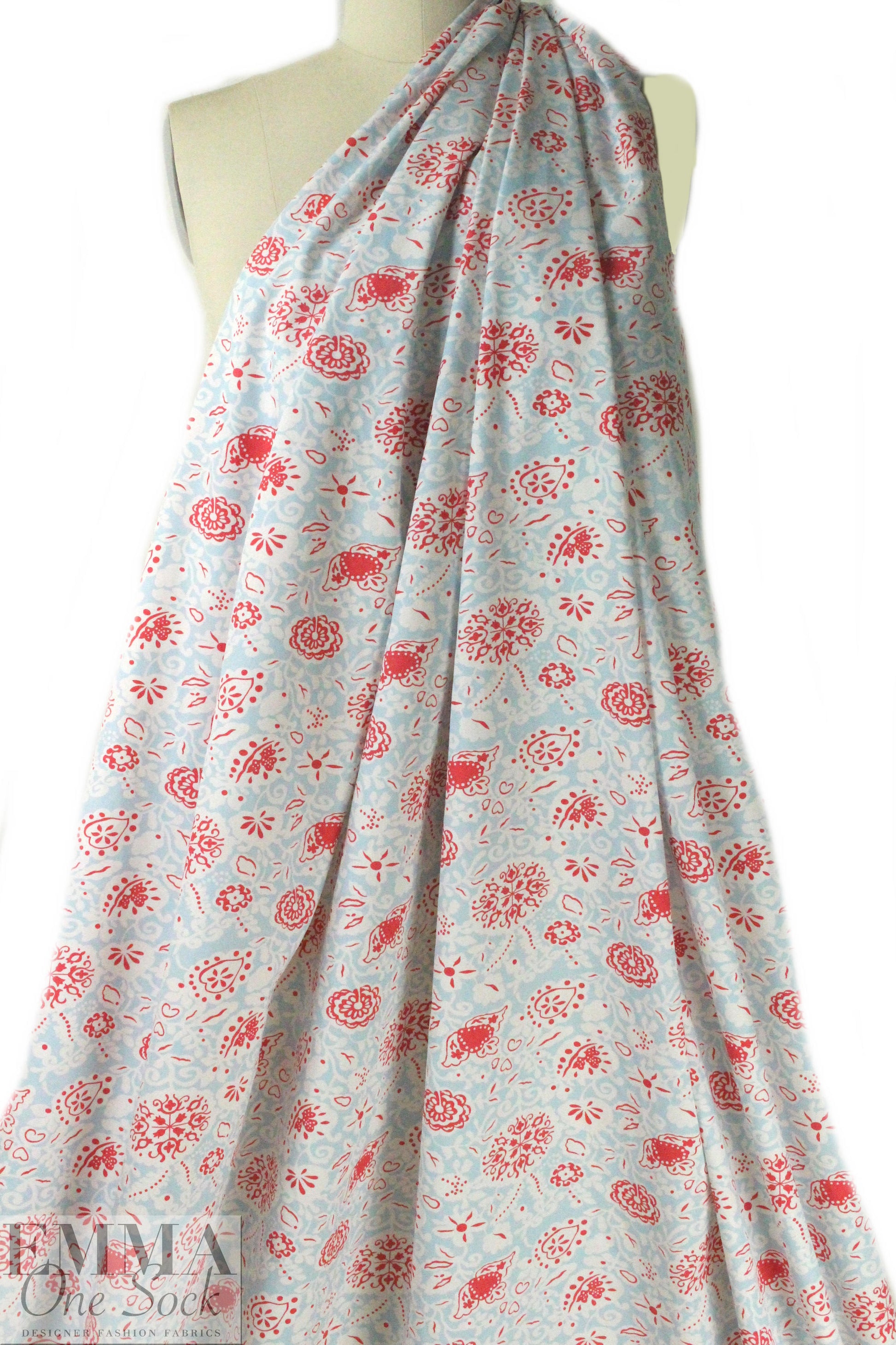 NY designer deco floral cotton poplin - blue/watermelon 1.75 yds