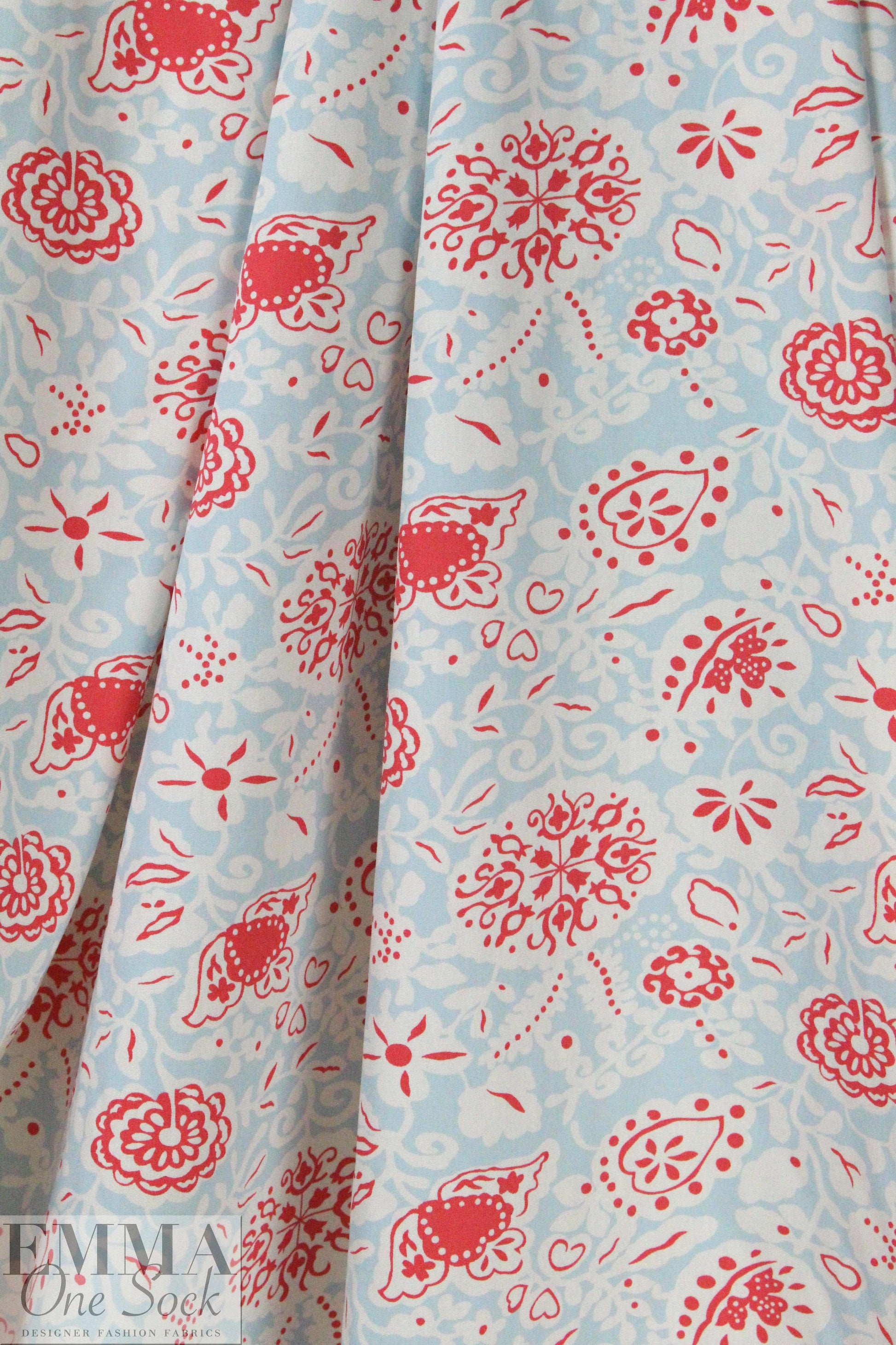 NY designer deco floral cotton poplin - blue/watermelon 1.5 yds