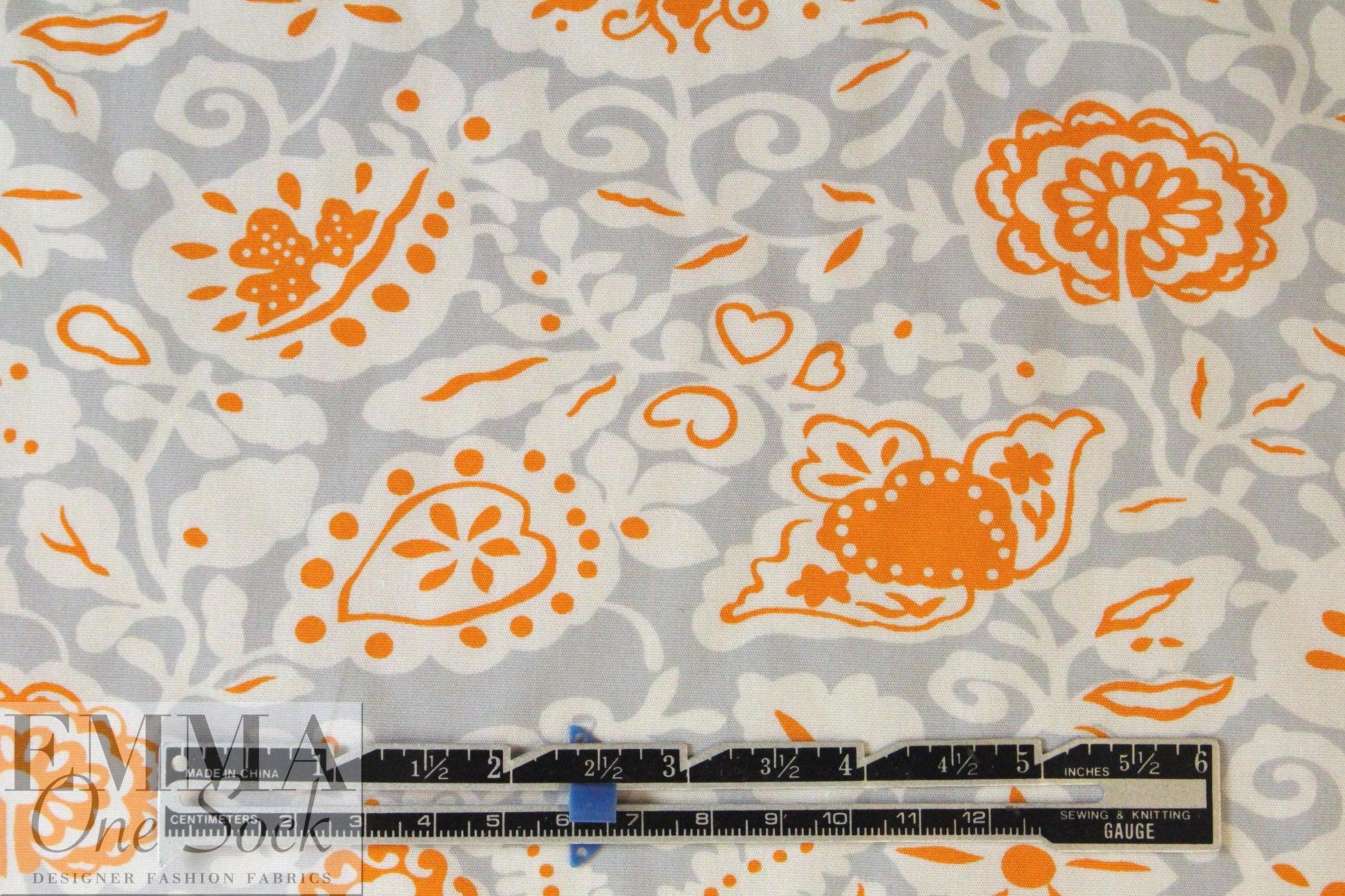 NY designer deco floral cotton poplin - tangerine/silver