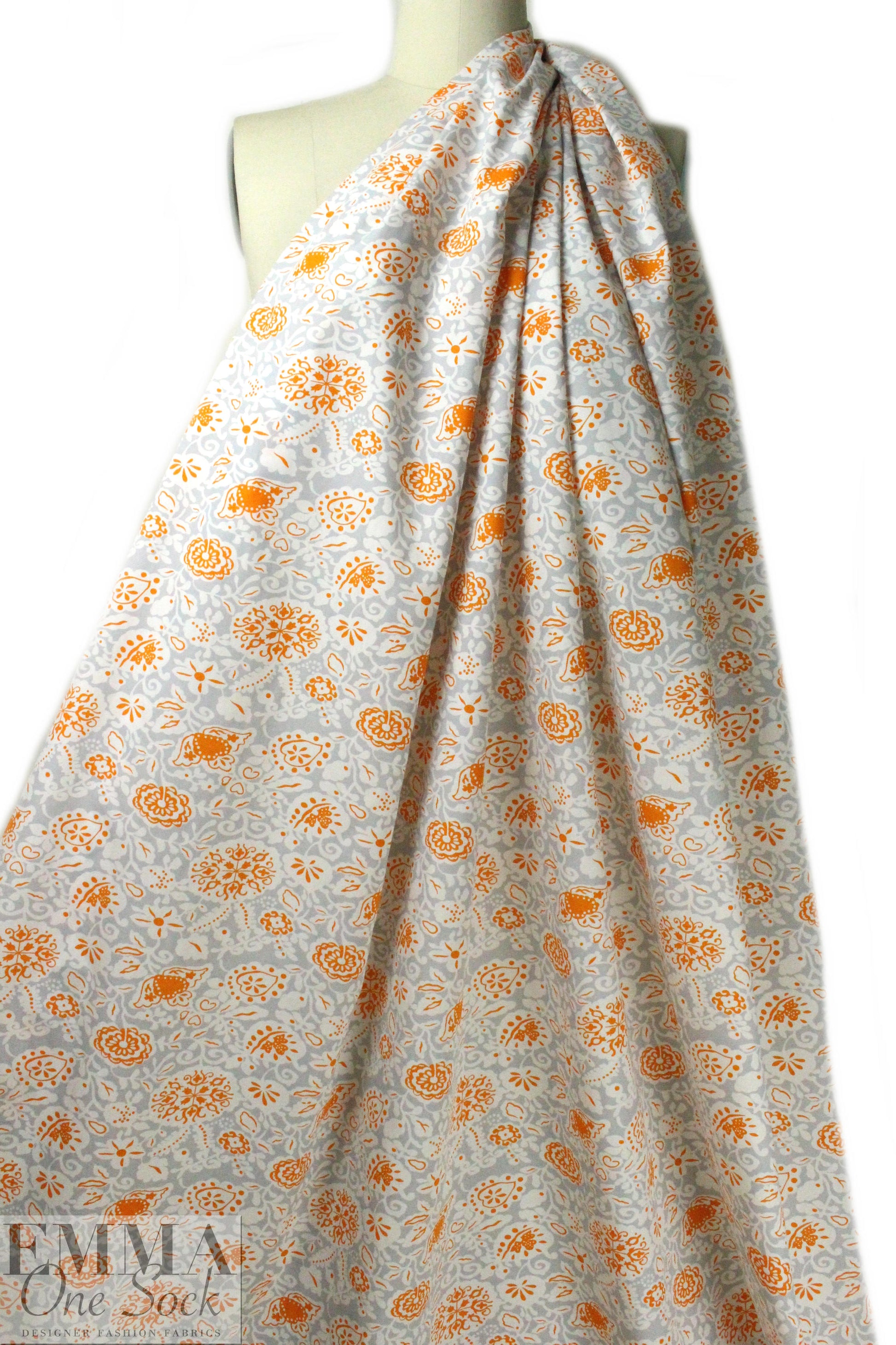 NY designer deco floral cotton poplin - tangerine/silver 1 yard