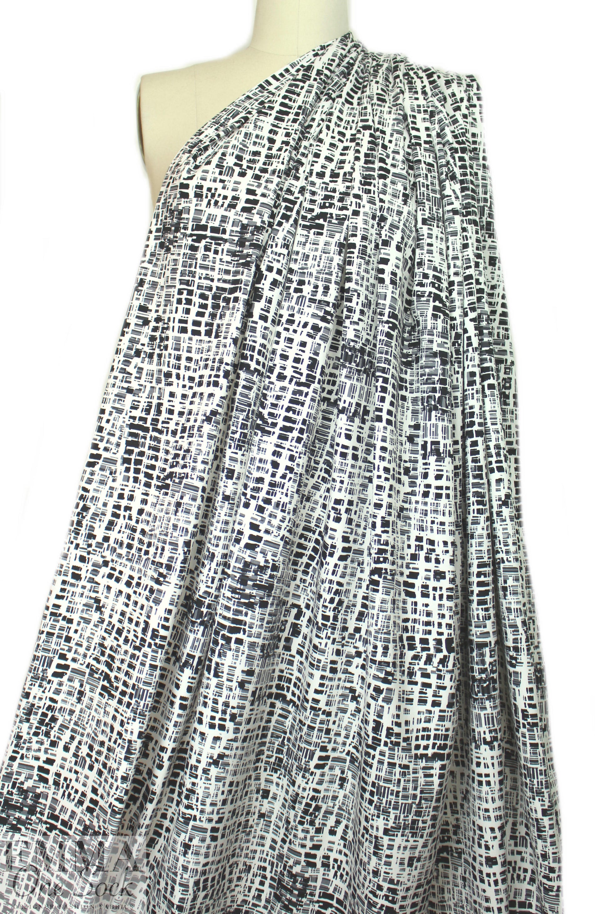 NY designer gray on white graphic cotton stretch woven