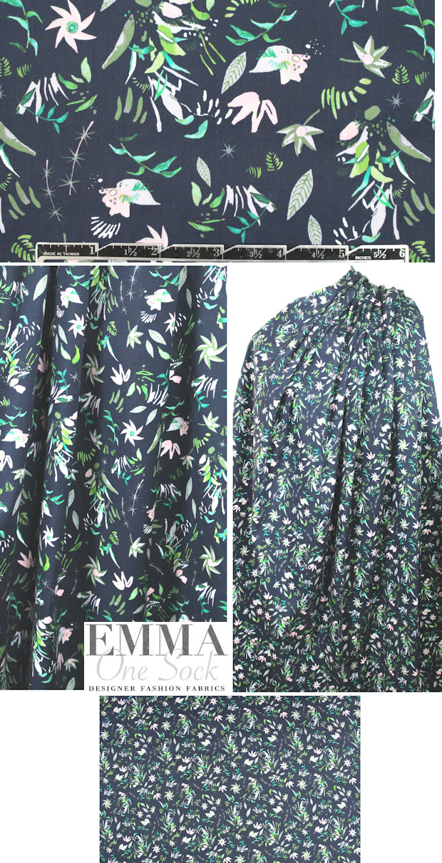 NY designer 'quirky flowers' cotton stretch woven - navy