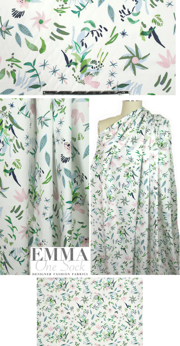 NY designer 'quirky flowers' cotton stretch woven - white