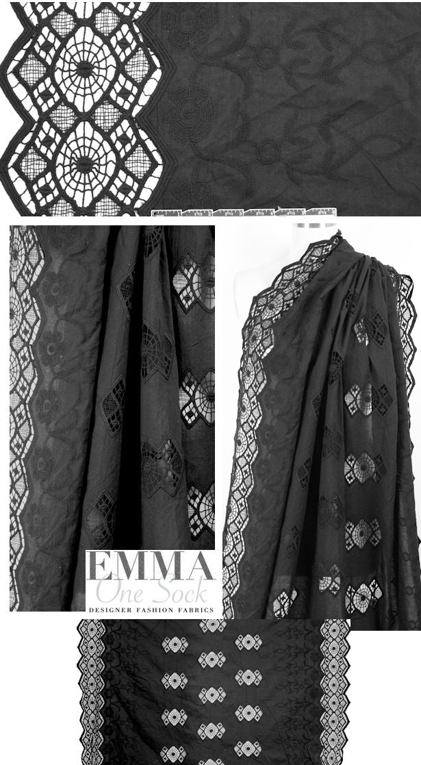 CA designer black cotton border 'crochet stitch' woven