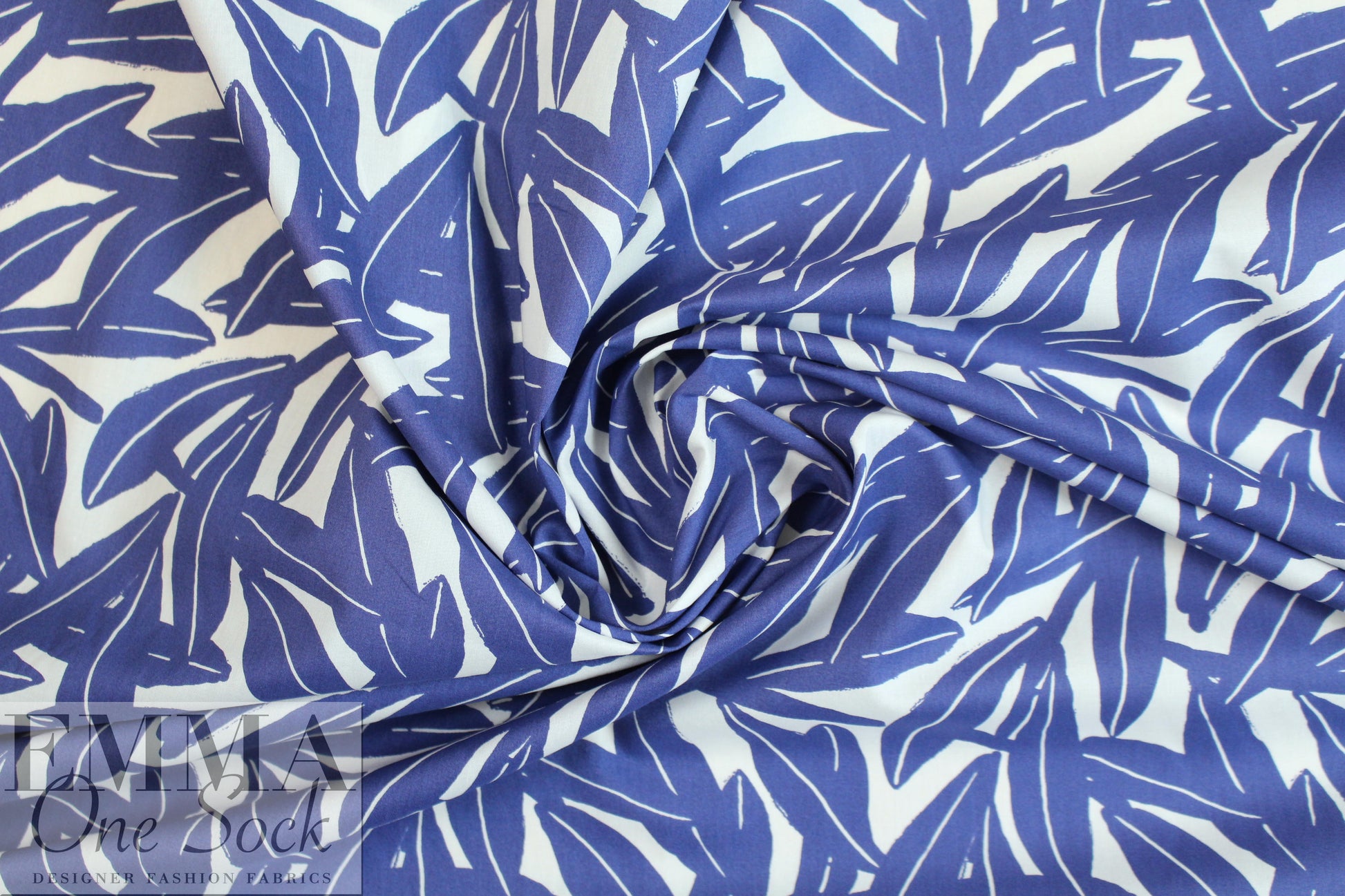 NY designer blue leaf print cotton woven