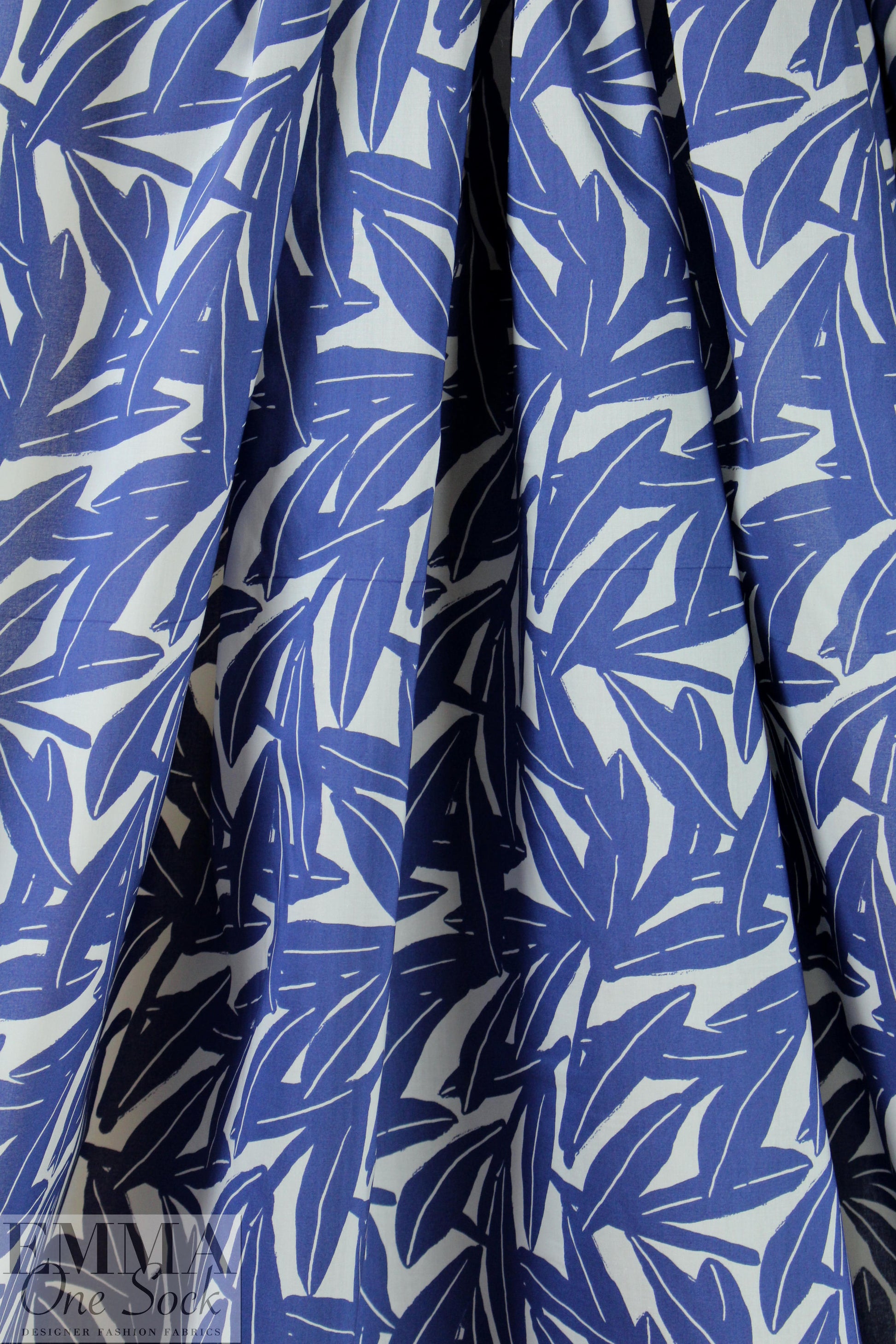 NY designer blue leaf print cotton woven