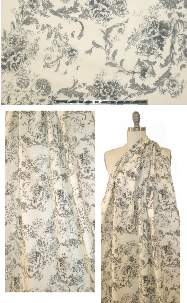 NY designer gray/ivory floral bouquet cotton lawn .875 yds