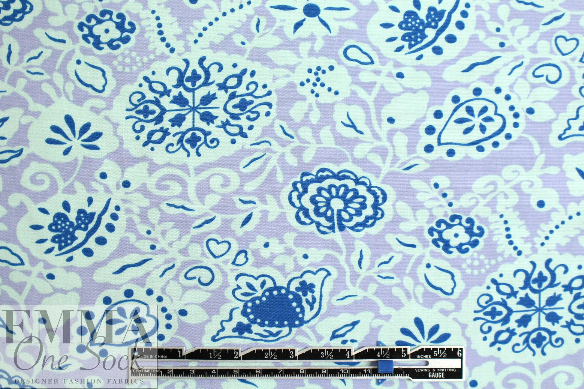 NY designer deco floral cotton poplin - wisteria/cadet
