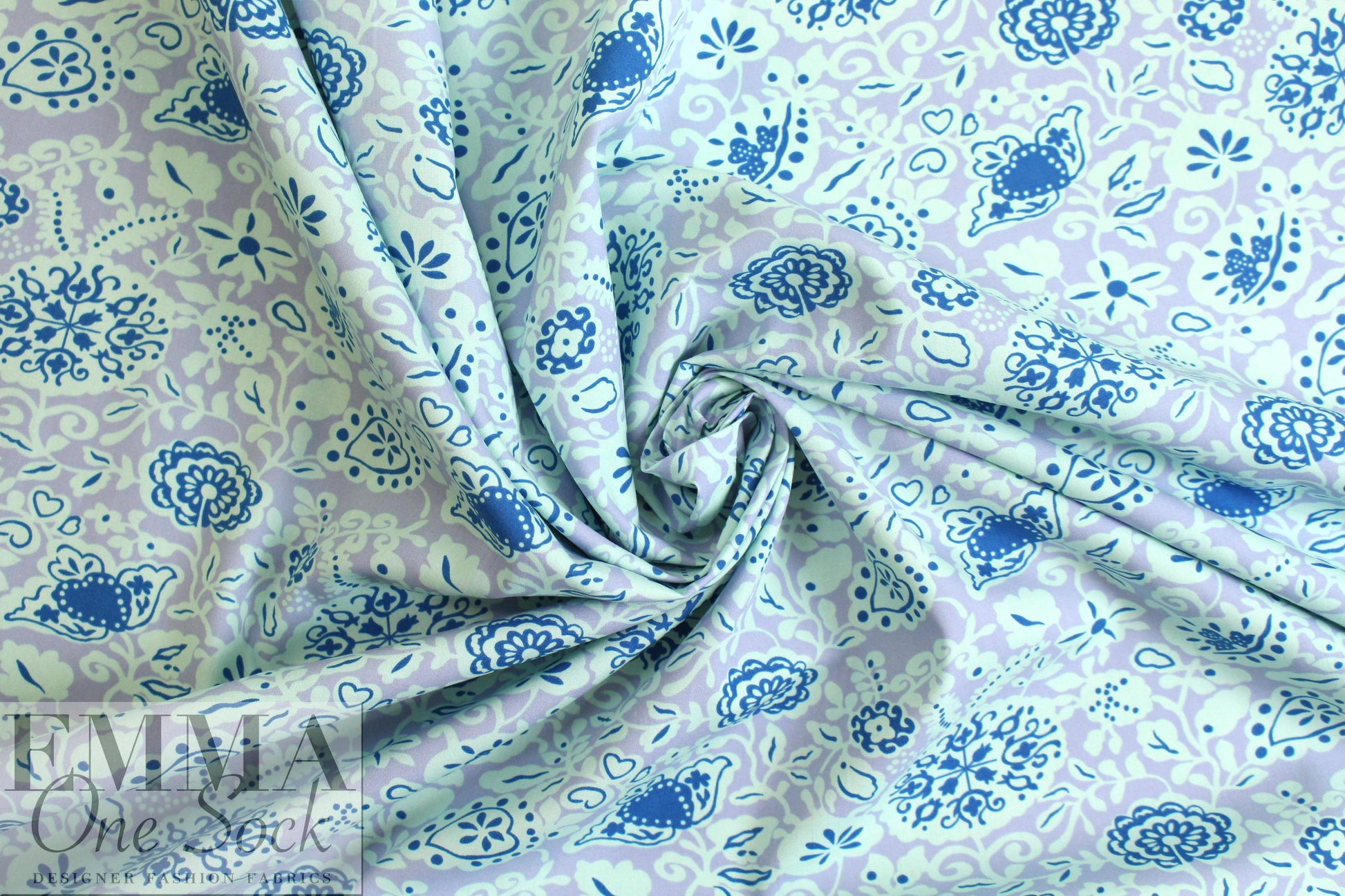 NY designer deco floral cotton poplin - wisteria/cadet
