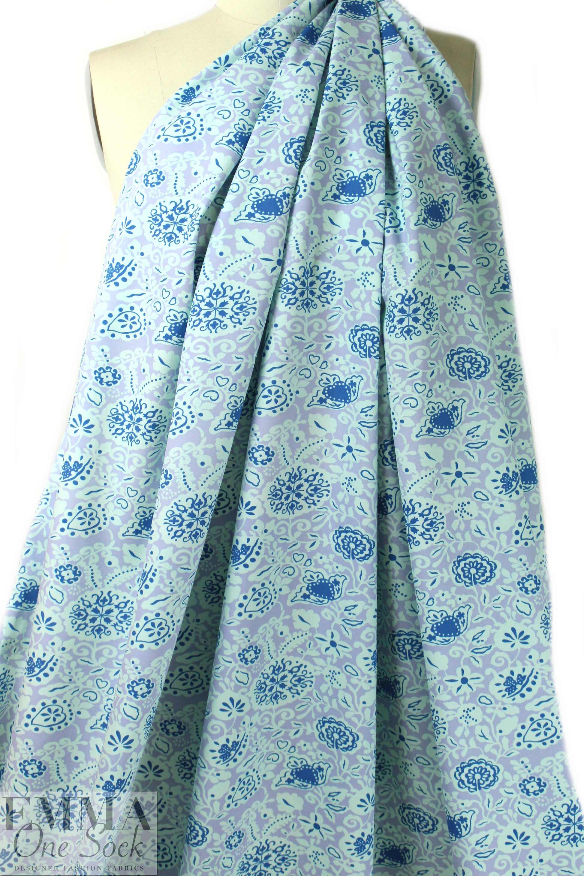 NY designer deco floral cotton poplin - wisteria/cadet 2.5 yd