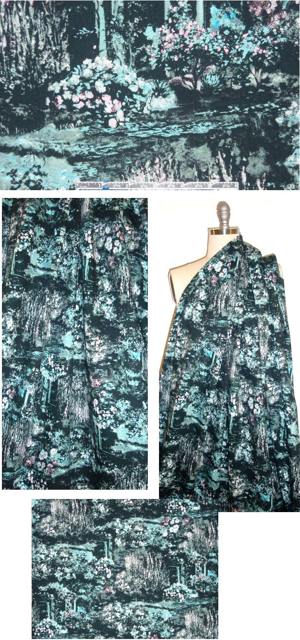 NY designer aqua/black Monet floral cotton/lycra twill 1.625 yds