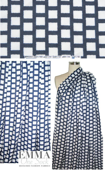 E11a Moss navy/white windowpane cotton voile