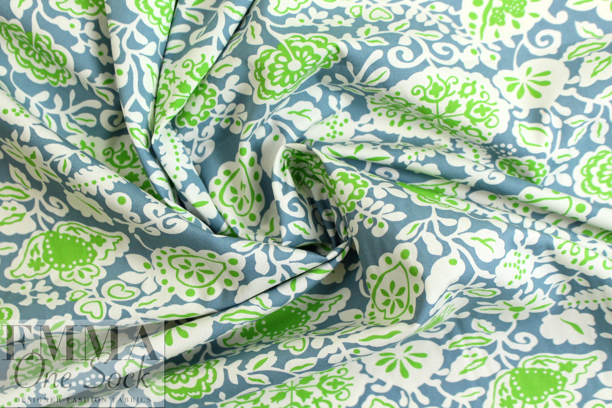 NY designer deco floral cotton poplin - slate/lime 3 yd