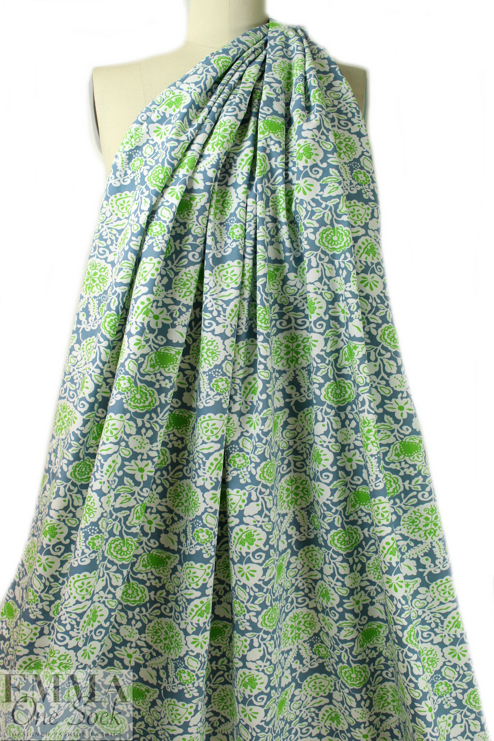 NY designer deco floral cotton poplin - slate/lime