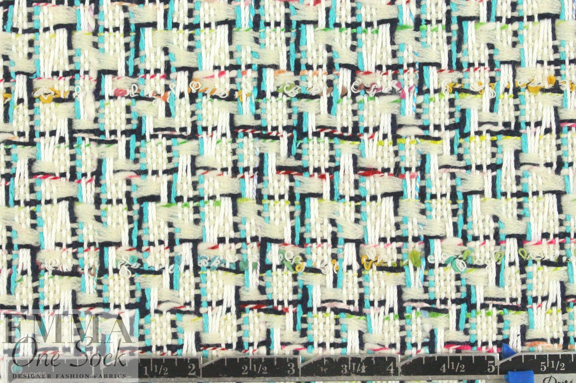 Italian plaid-ish cotton boucle' - turq/black/white