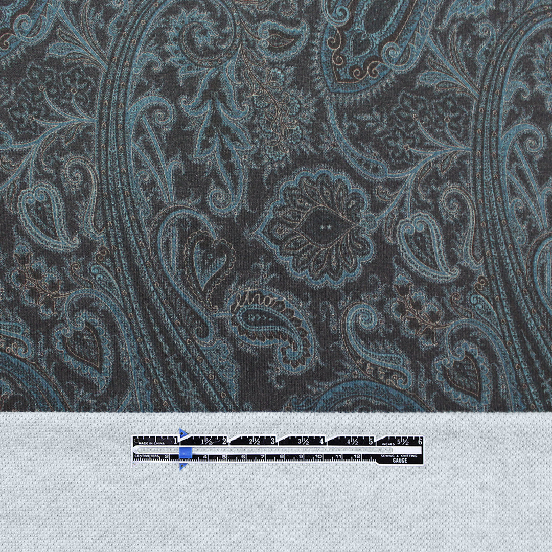 Etr0 cotton athleisure doubleknit - lagoon paisley/heather gray .875 yds
