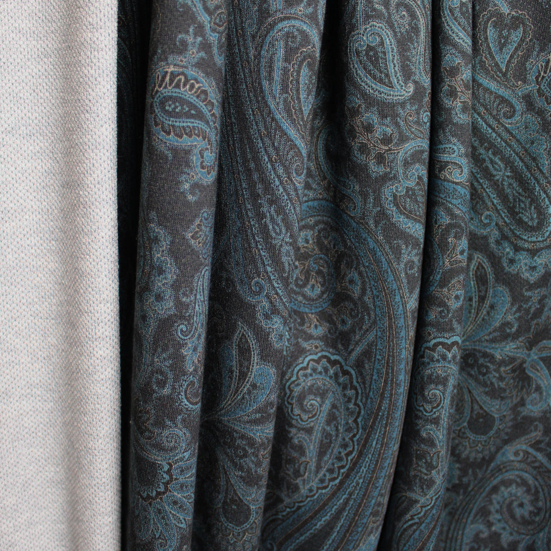 Etr0 cotton athleisure doubleknit - lagoon paisley/heather gray .875 yds