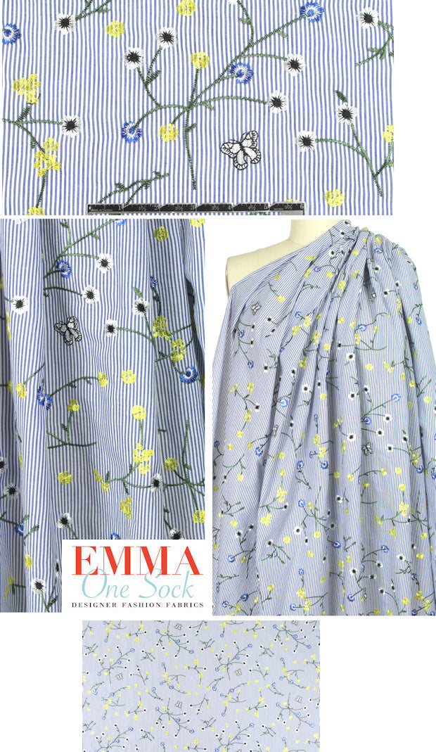 'early blossoms' embroidered blue/white stripe shirting