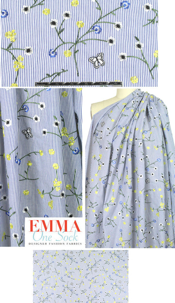 'early blossoms' embroidered blue/white stripe shirting