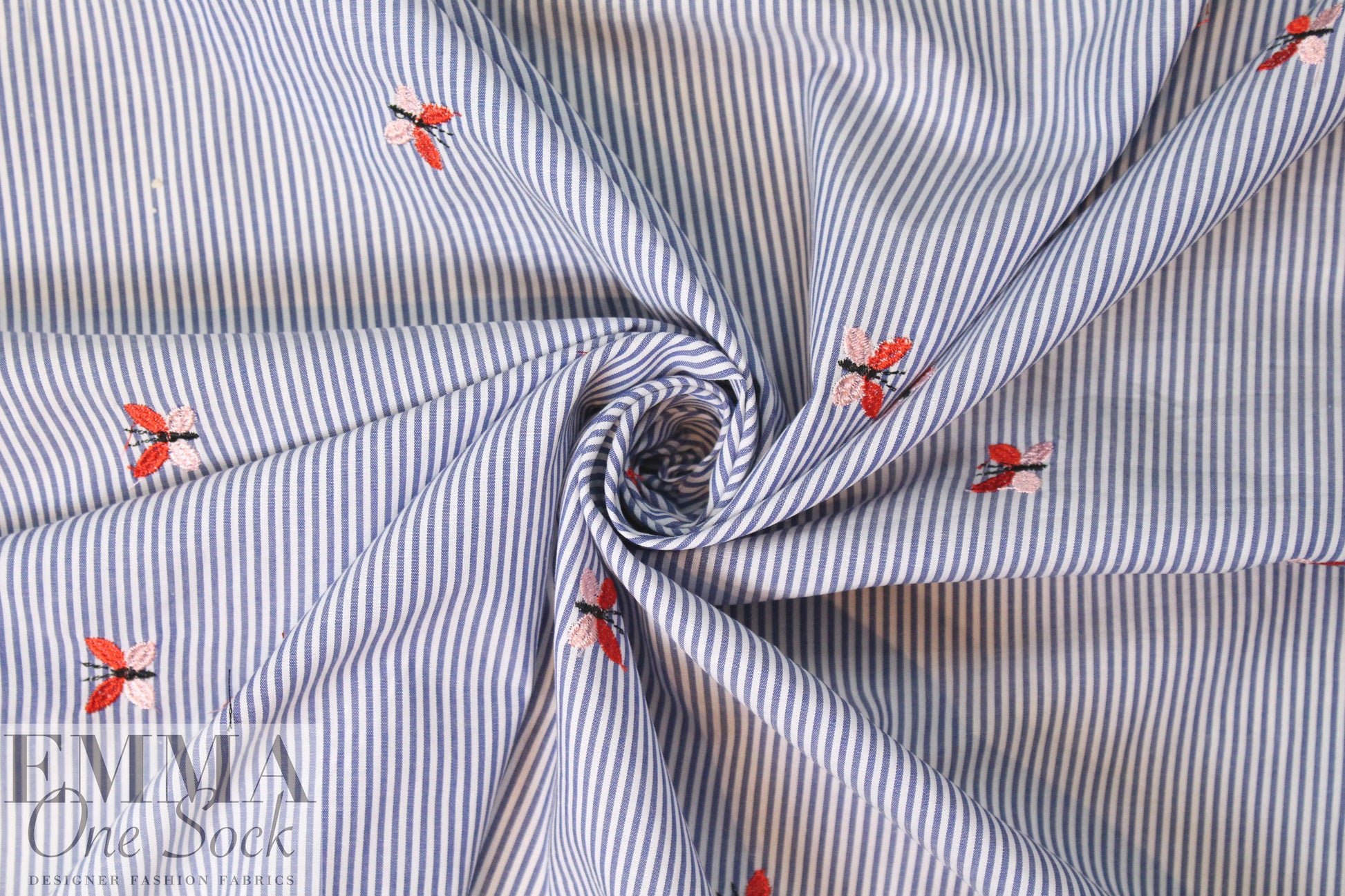 butterfly embroidered blue/white stripe shirting