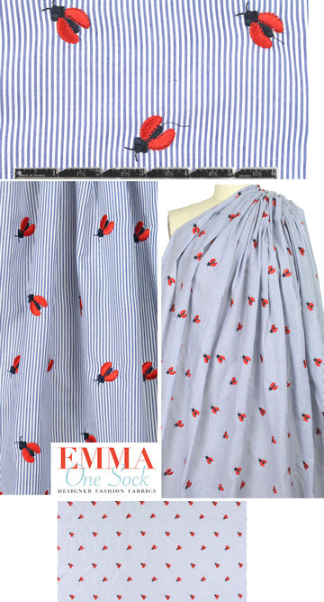 ladybug embroidered blue/white stripe shirting