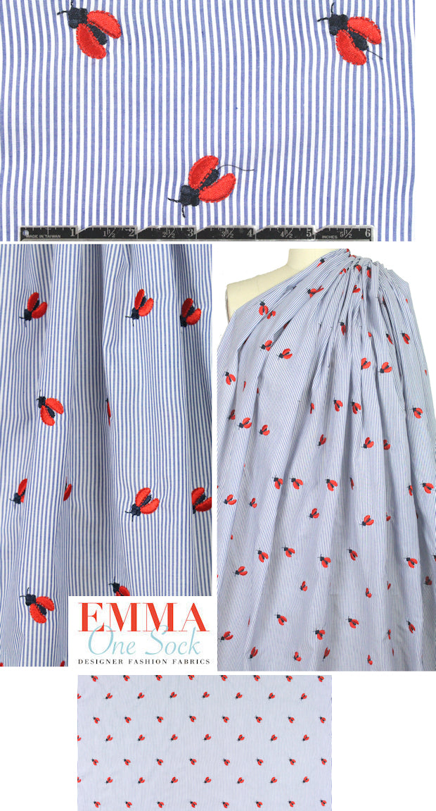 ladybug embroidered blue/white stripe shirting 1.66 yd