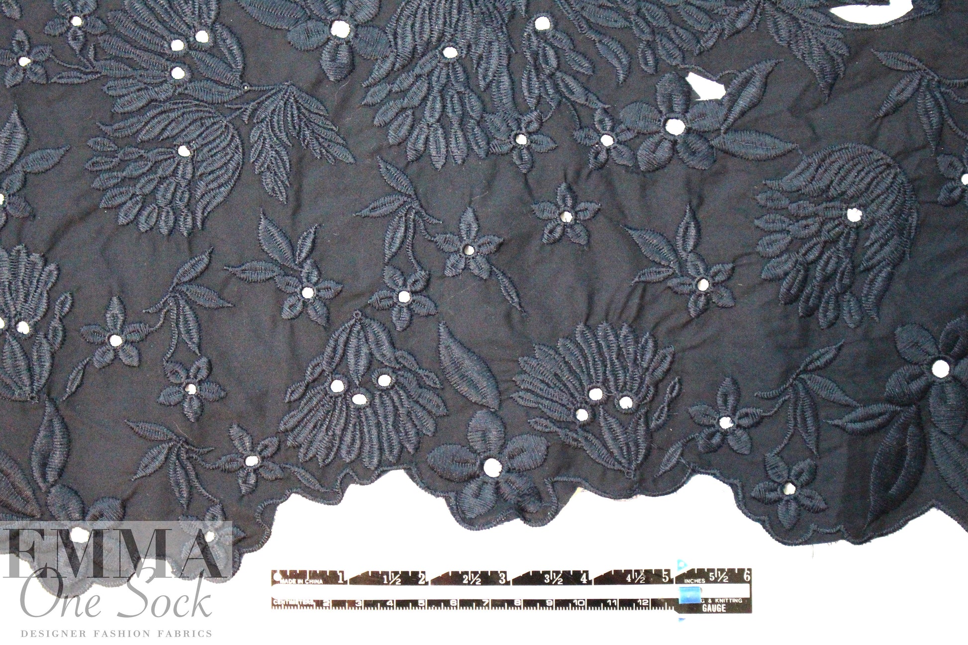 NY designer border embroidered cotton woven - navy