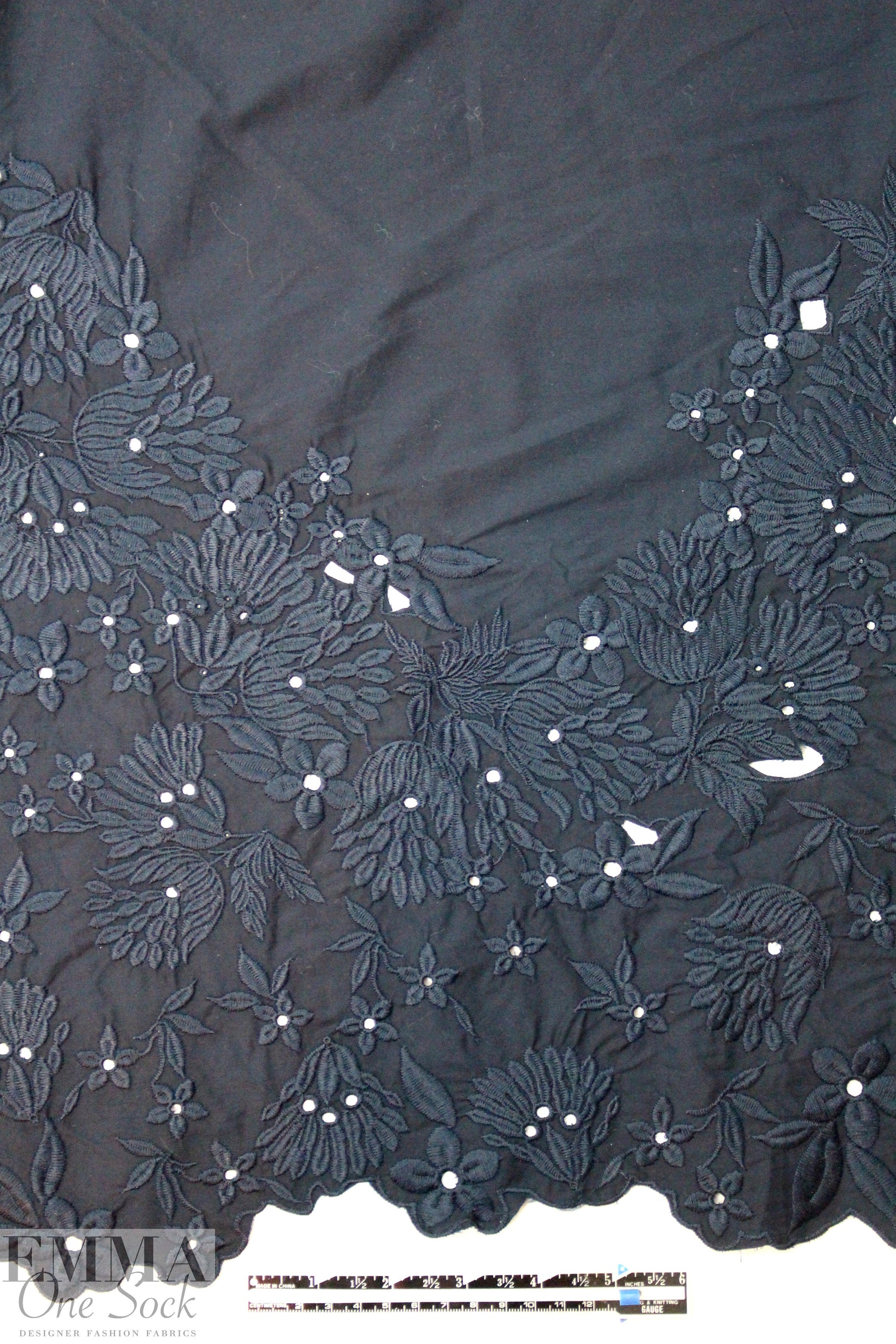 NY designer border embroidered cotton woven - navy 1.25 yds