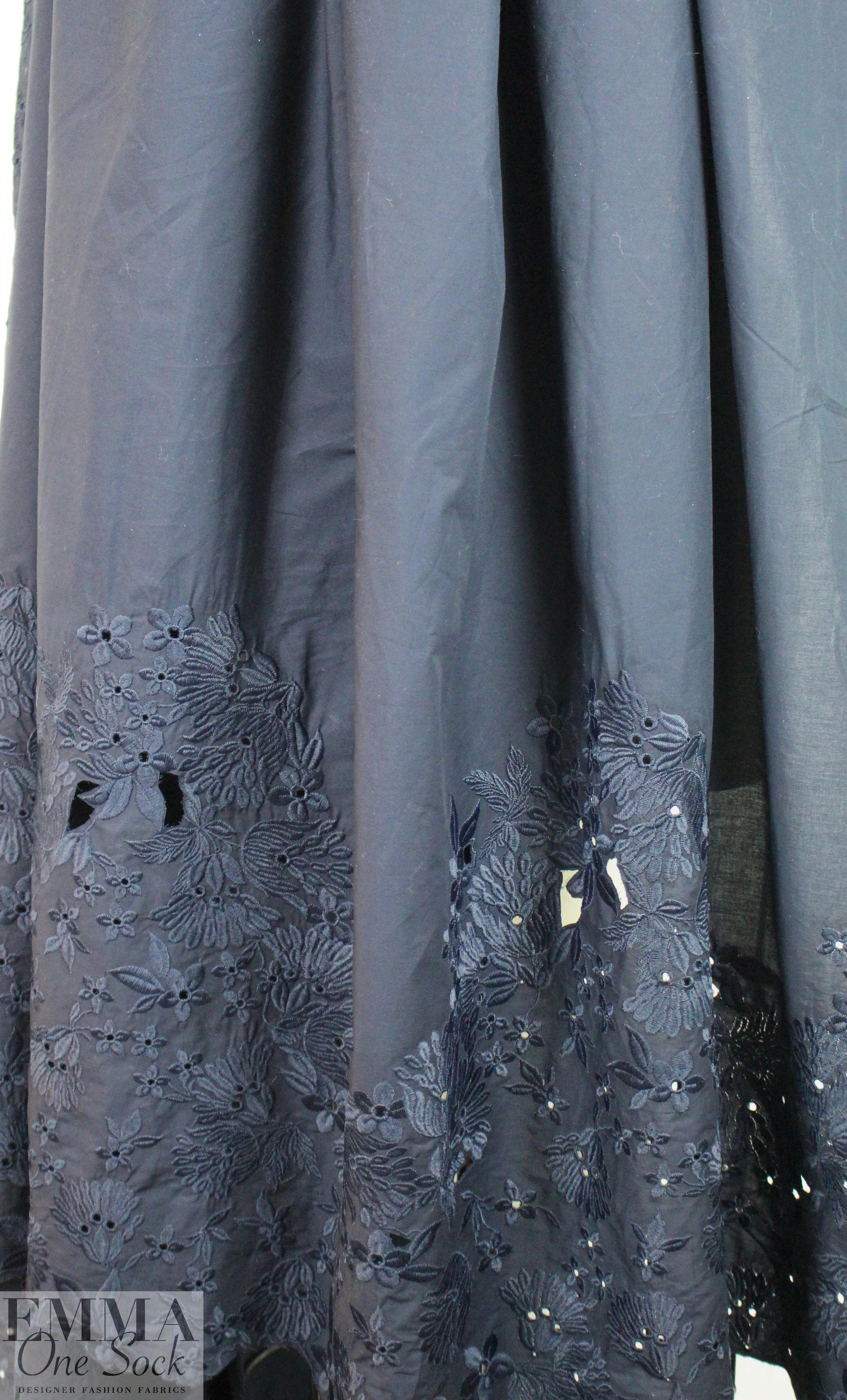 NY designer border embroidered cotton woven - navy