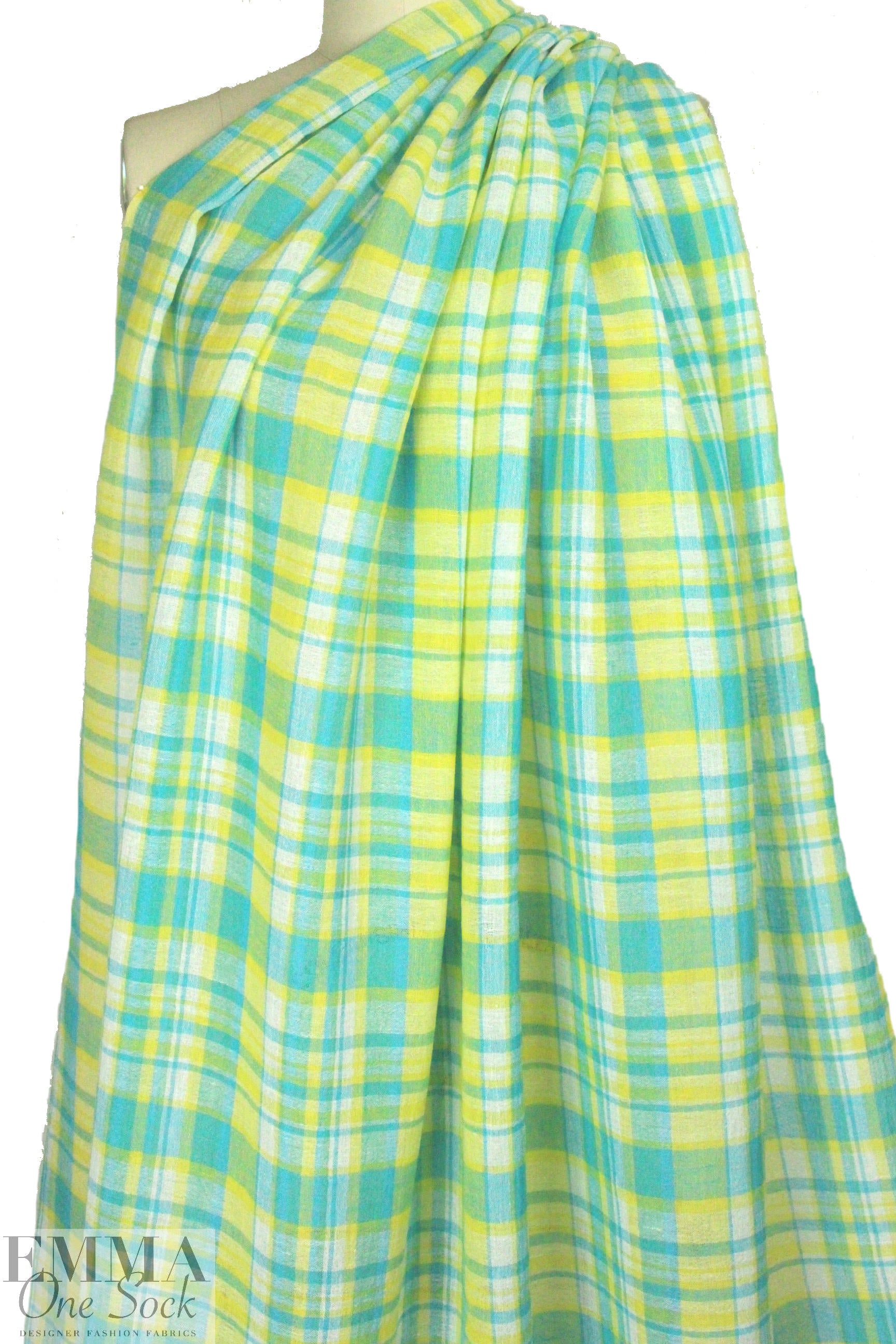 NY designer cotton gauze turquoise/lemon plaid
