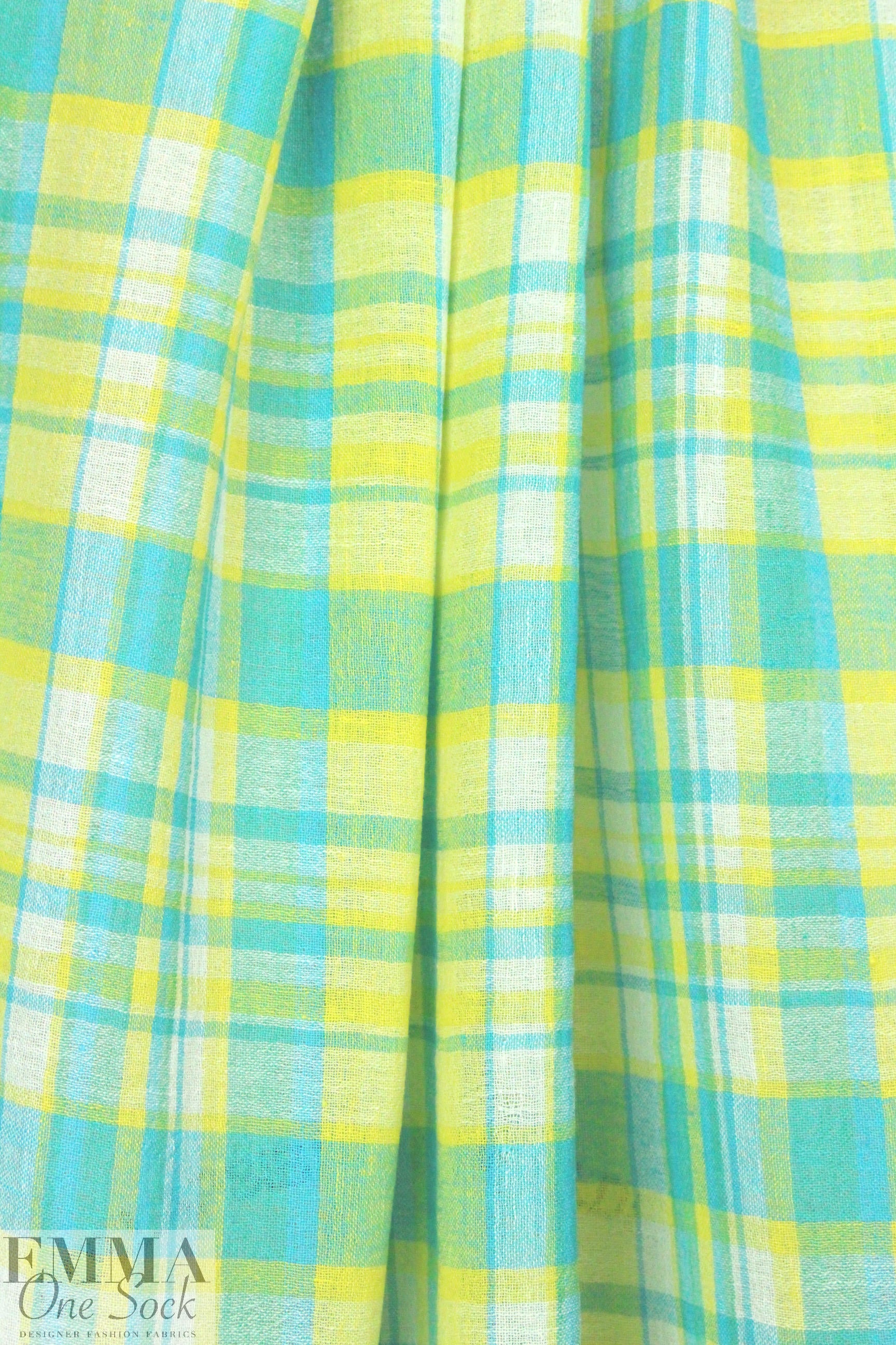 NY designer cotton gauze turquoise/lemon plaid 1.33 yds Minor Flaw