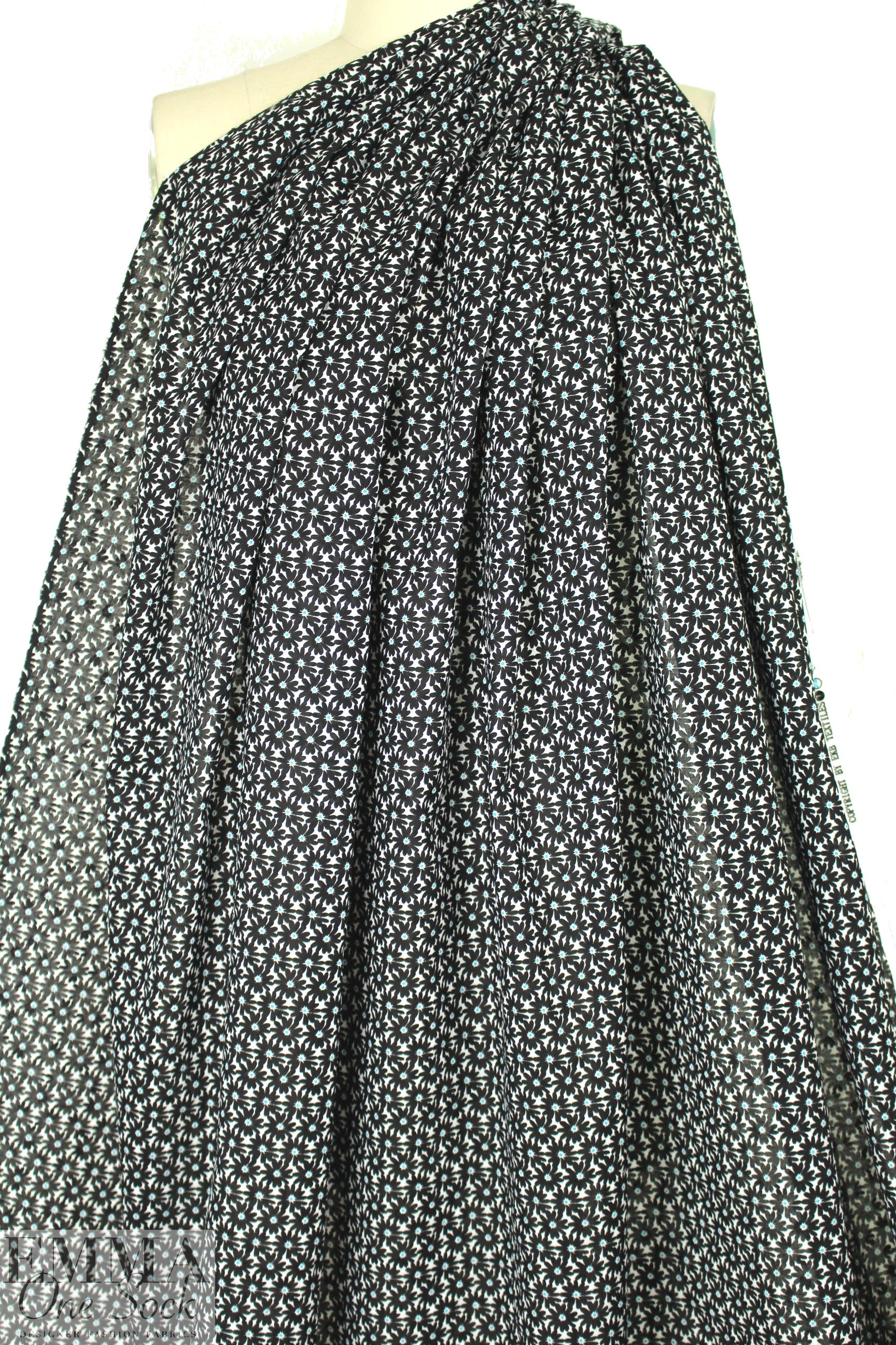 NY designer black/sky floral cotton jacquard