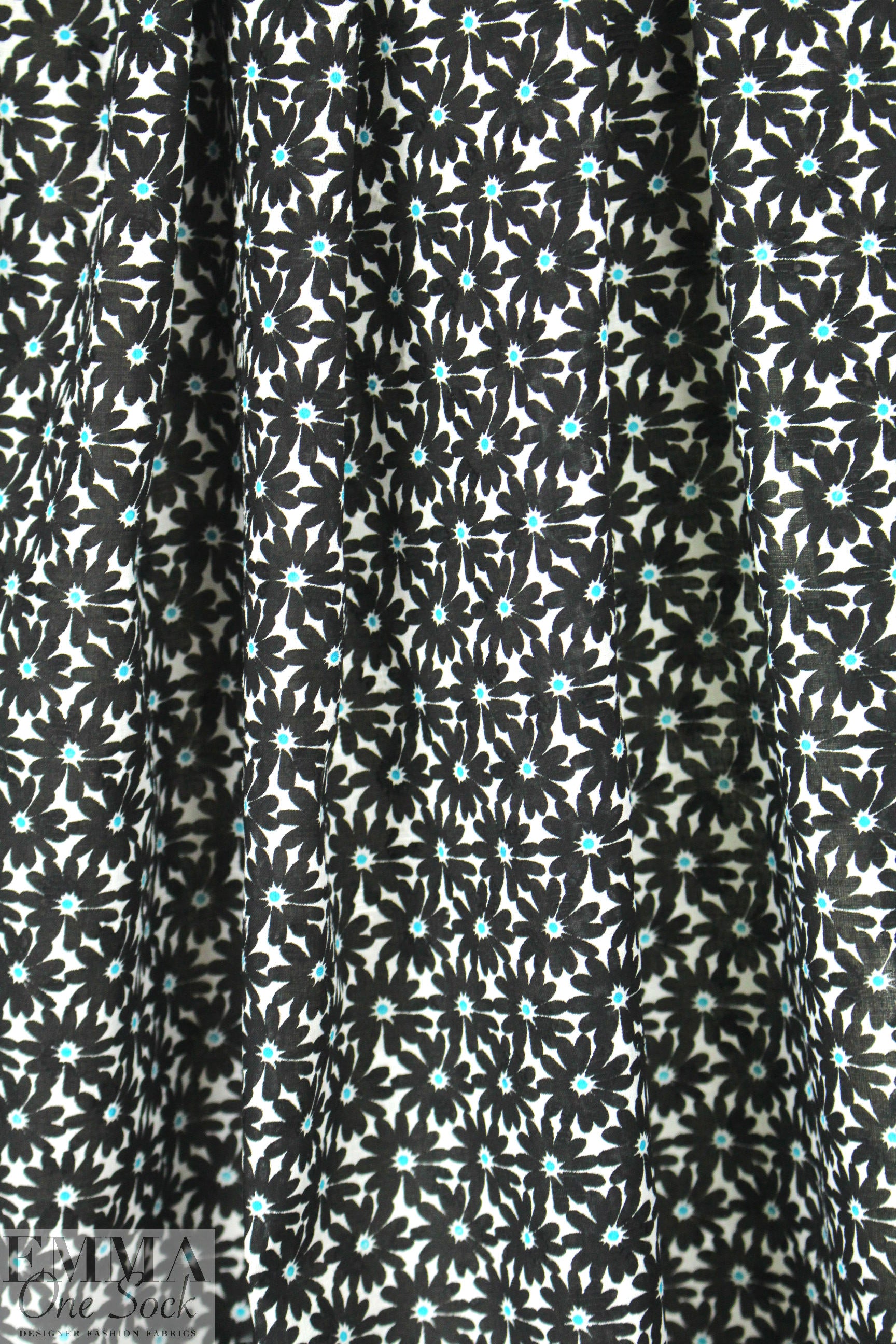 NY designer black/sky floral cotton jacquard
