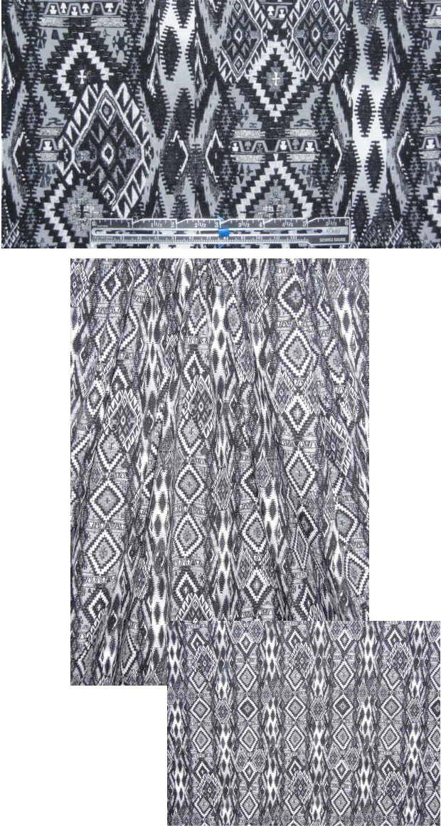 French b/w/gr tribal montage COTTON knit 1.375 yd