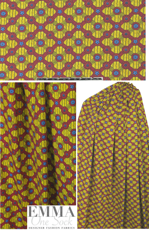 Italian cotton knit - African wax - red/gold/blue 1.25 yds