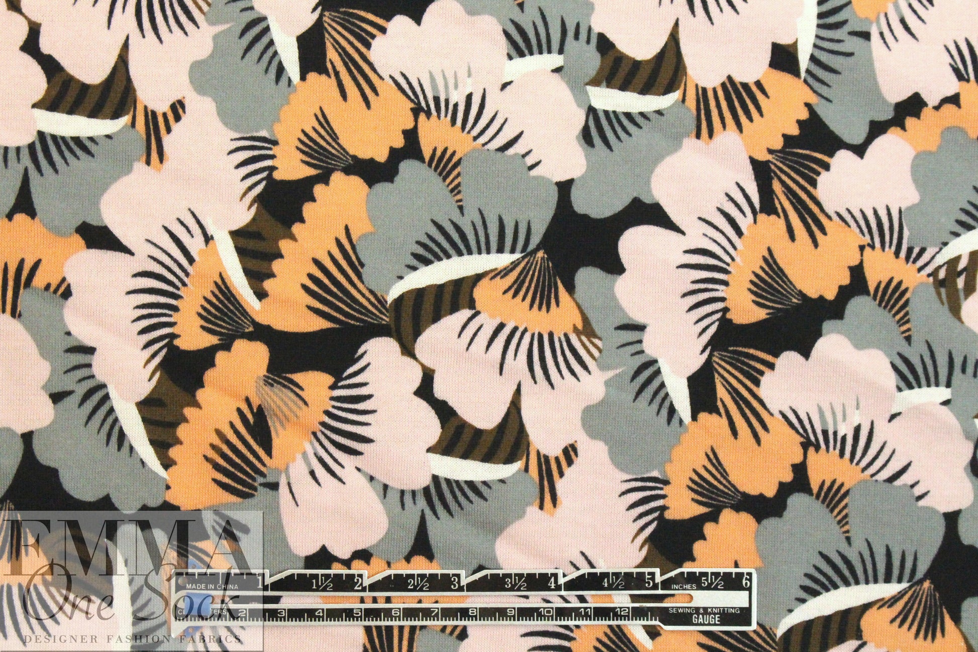 German digital cotton knit - peach/gray stylized floral