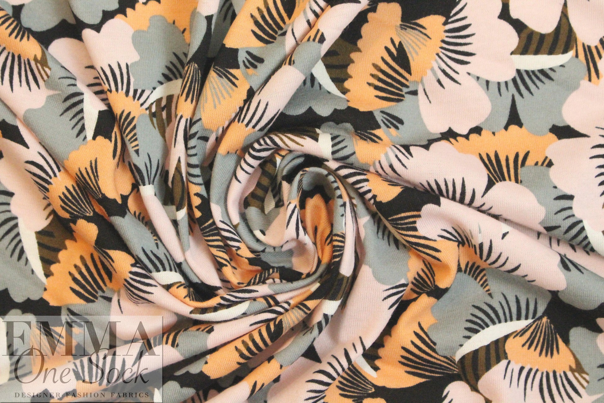 German digital cotton knit - peach/gray stylized floral